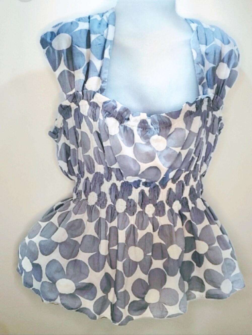 ARULA Blue and White Floral Smocked Peplum Camisole